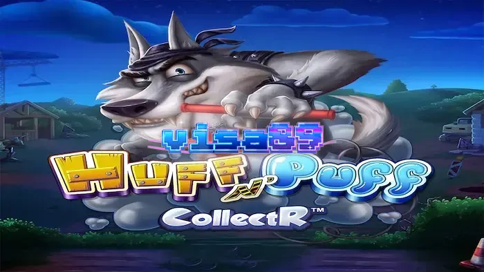 Tampilan visual permainan slot Huff N' Puff CollectR dengan tema babi dan serigala.
